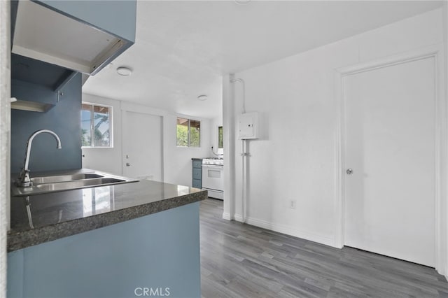 kitchen with sink, white gas stove, and dark hardwood / wood-style flooring