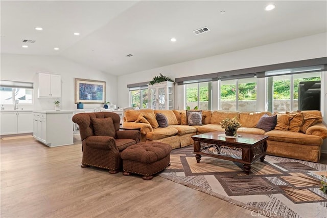 living room with vaulted ceiling and light wood-type flooring