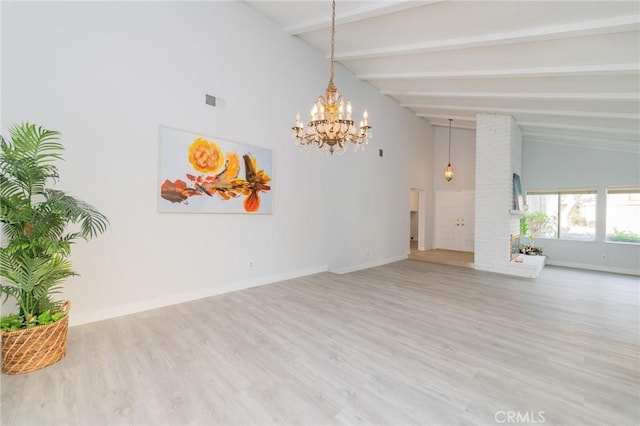 unfurnished living room with hardwood / wood-style flooring, beam ceiling, high vaulted ceiling, and a notable chandelier