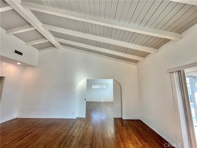 unfurnished room featuring high vaulted ceiling, dark hardwood / wood-style floors, and beamed ceiling