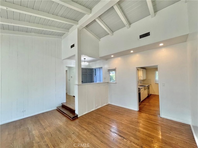 unfurnished living room featuring lofted ceiling with beams, hardwood / wood-style floors, and wood ceiling