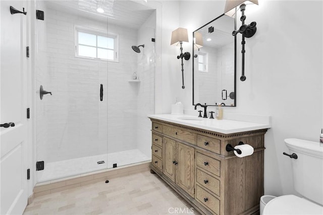 bathroom with vanity, toilet, and a shower with shower door