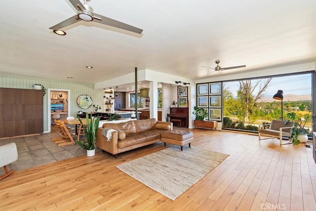 living room with light hardwood / wood-style floors and ceiling fan