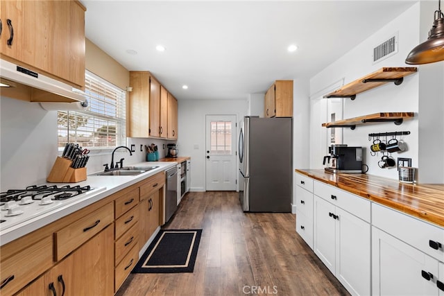 kitchen with sink, white cabinetry, hanging light fixtures, appliances with stainless steel finishes, and dark hardwood / wood-style flooring