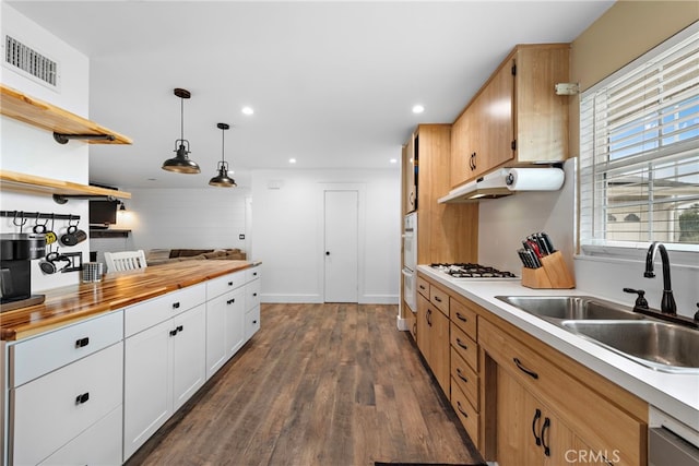 kitchen featuring sink, white cabinets, dark hardwood / wood-style flooring, hanging light fixtures, and stainless steel dishwasher