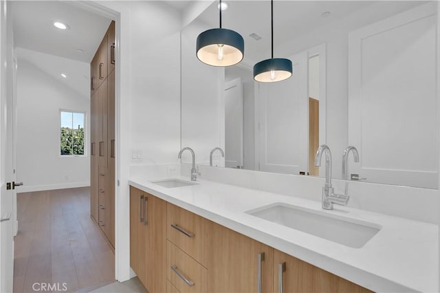 bathroom with vanity and hardwood / wood-style floors