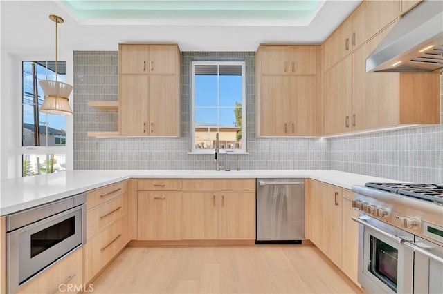 kitchen featuring light brown cabinetry, ventilation hood, and stainless steel appliances