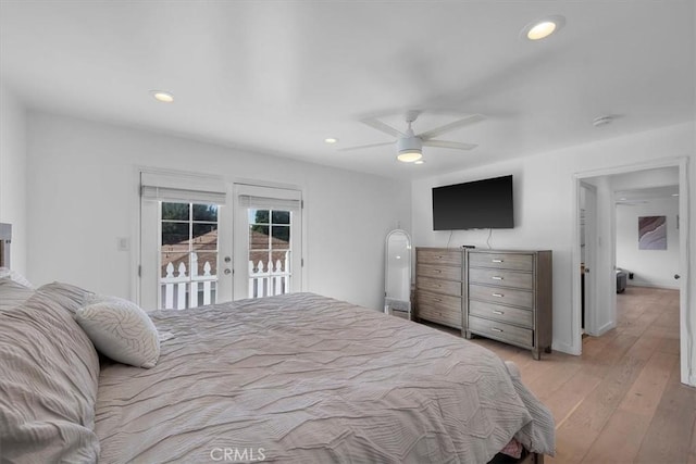 bedroom with french doors, ceiling fan, access to exterior, and light wood-type flooring