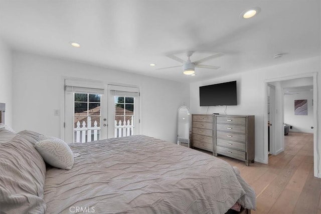 bedroom featuring ceiling fan, french doors, light wood-style flooring, access to exterior, and recessed lighting