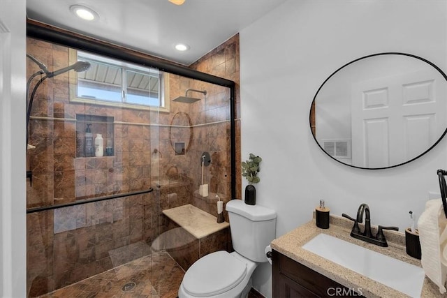 full bathroom with recessed lighting, a shower stall, visible vents, toilet, and vanity