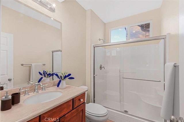 bathroom featuring toilet, vanity, and a shower with shower door