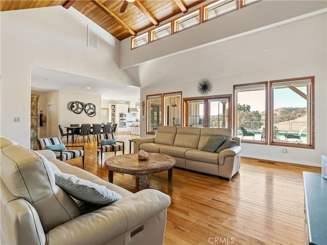 living room with lofted ceiling with beams, visible vents, wood ceiling, and light wood-style floors