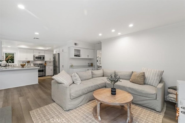 living room with sink and hardwood / wood-style floors