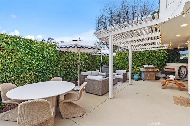 view of patio featuring area for grilling, an outdoor hangout area, and a pergola