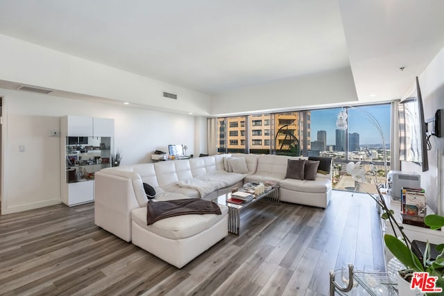 living room featuring expansive windows and dark wood-type flooring