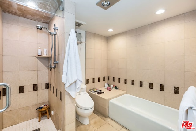 bathroom featuring toilet, separate shower and tub, and tile patterned flooring