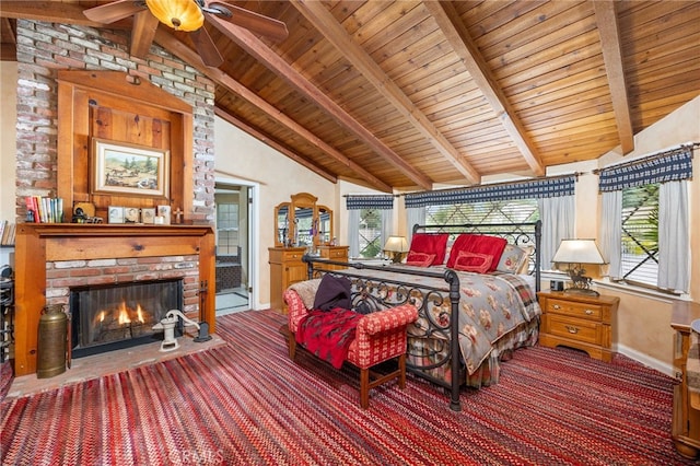 carpeted bedroom featuring lofted ceiling with beams, a brick fireplace, and wooden ceiling