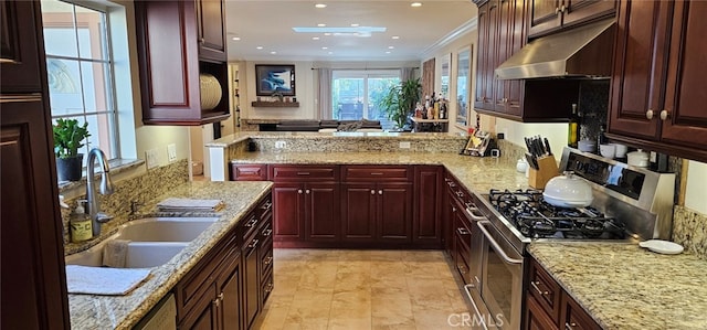 kitchen featuring ornamental molding, sink, stainless steel range with gas stovetop, and light stone counters