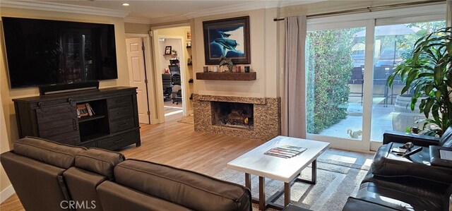 living room featuring ornamental molding, a high end fireplace, and light hardwood / wood-style flooring