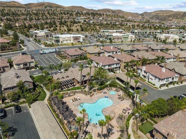 aerial view featuring a residential view and a mountain view