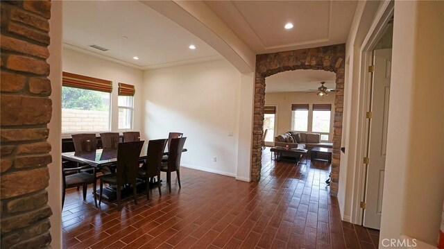 dining space featuring a healthy amount of sunlight, dark wood-type flooring, and ceiling fan