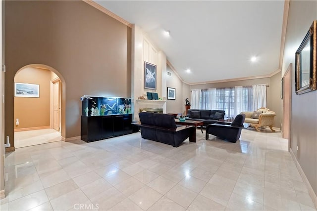 6011 Paseo La Vis, Woodland Hills, CA 91367 - living area featuring crown molding, arched walkways, baseboards, and light tile patterned floors