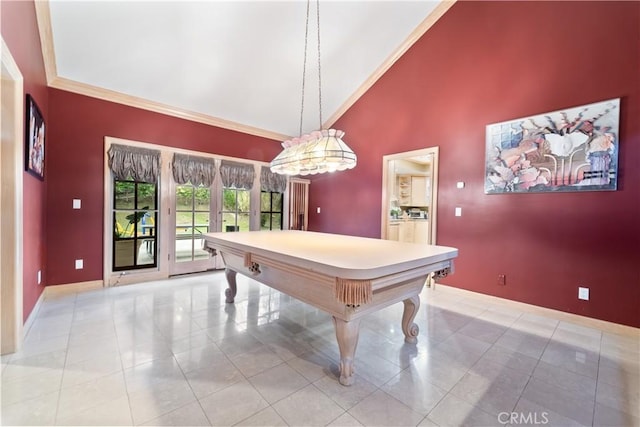 game room featuring pool table, washing machine and clothes dryer, high vaulted ceiling, and light tile patterned floors