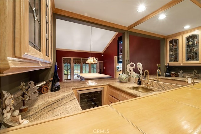 6011 Paseo La Vis, Woodland Hills, CA 91367 - kitchen featuring a sink, glass insert cabinets, vaulted ceiling, and wine cooler