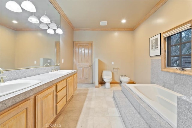 6011 Paseo La Vis, Woodland Hills, CA 91367 - bathroom featuring toilet, ornamental molding, a bidet, and a sink
