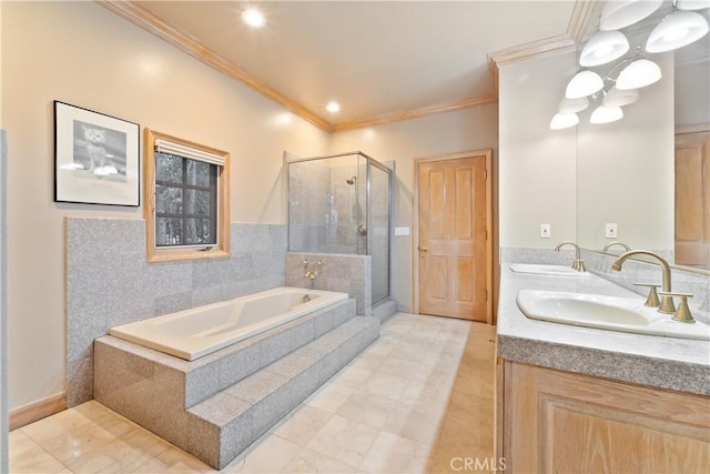 bathroom with vanity, crown molding, and plus walk in shower