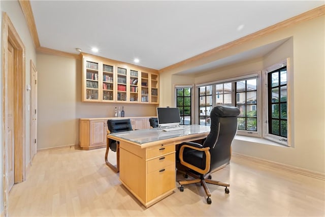 office featuring crown molding and light hardwood / wood-style flooring