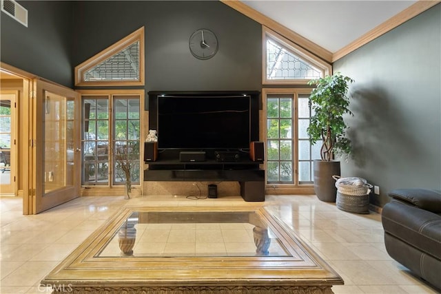 tiled living room featuring high vaulted ceiling and ornamental molding