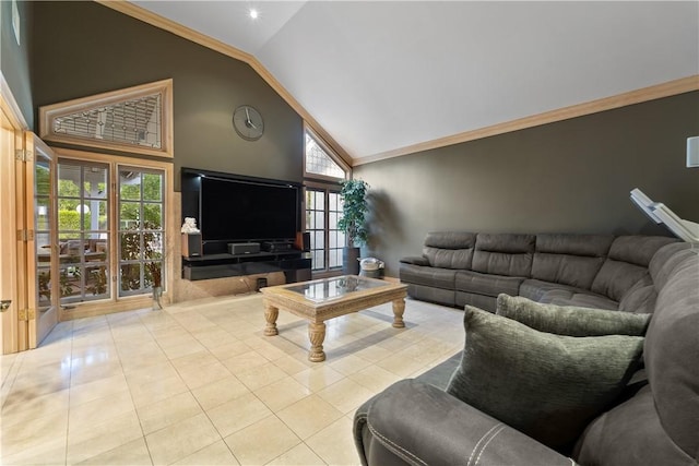 tiled living room with crown molding and high vaulted ceiling