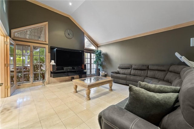 6011 Paseo La Vis, Woodland Hills, CA 91367 - living room with crown molding, tile patterned floors, and high vaulted ceiling