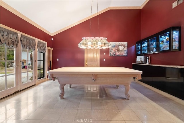 rec room with french doors, light tile patterned floors, high vaulted ceiling, and billiards