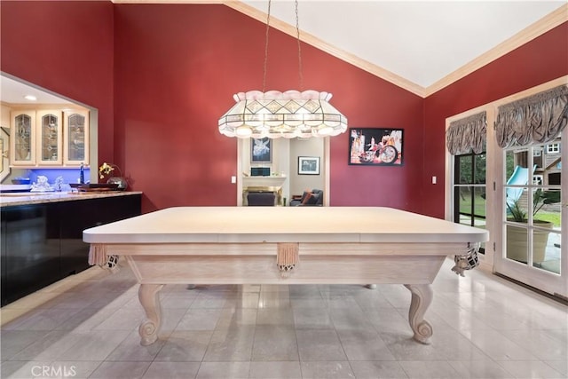 6011 Paseo La Vis, Woodland Hills, CA 91367 - game room featuring high vaulted ceiling, ornamental molding, and billiards