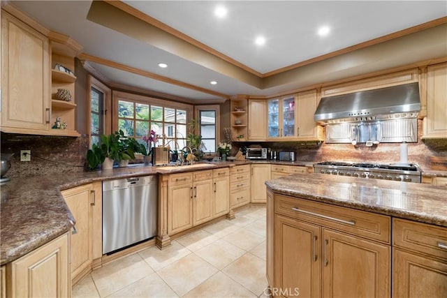 6011 Paseo La Vis, Woodland Hills, CA 91367 - kitchen featuring wall chimney range hood, backsplash, open shelves, and dishwasher
