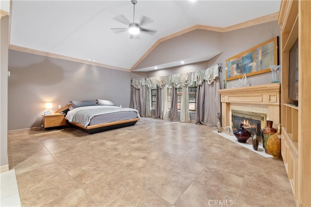 bedroom featuring high vaulted ceiling, a fireplace, ornamental molding, and ceiling fan