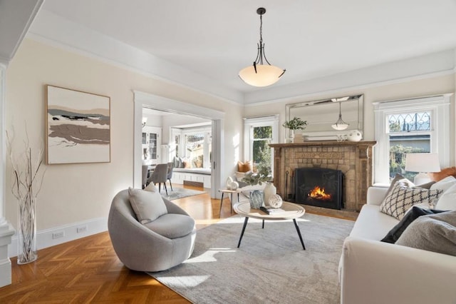 living room featuring parquet flooring and a fireplace