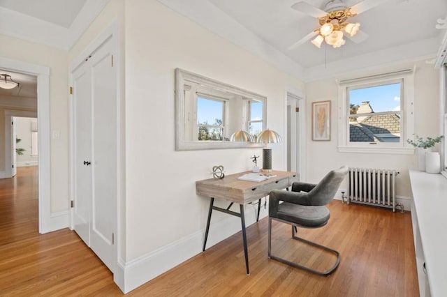 home office with radiator, light hardwood / wood-style flooring, and a wealth of natural light