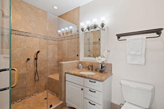 bathroom with vanity, toilet, and a shower with shower door