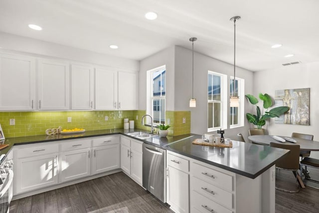 kitchen featuring sink, white cabinetry, hanging light fixtures, kitchen peninsula, and stainless steel appliances