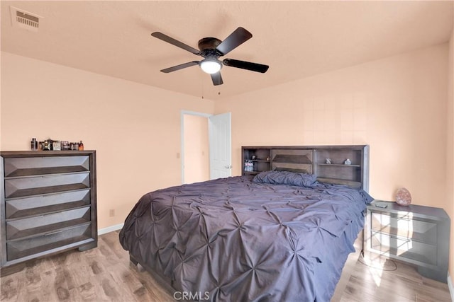 bedroom featuring ceiling fan and light wood-type flooring