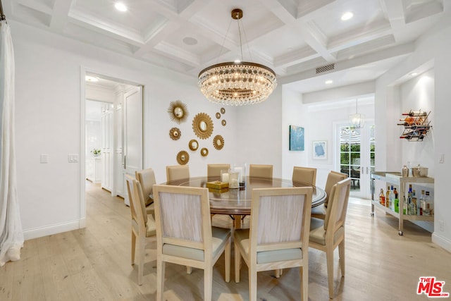 dining room with beamed ceiling, a notable chandelier, coffered ceiling, and light wood-type flooring