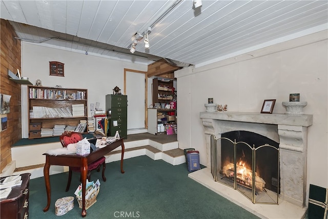 office space featuring wooden walls, track lighting, and a premium fireplace