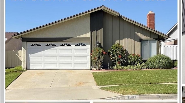 ranch-style house with a garage and a front lawn