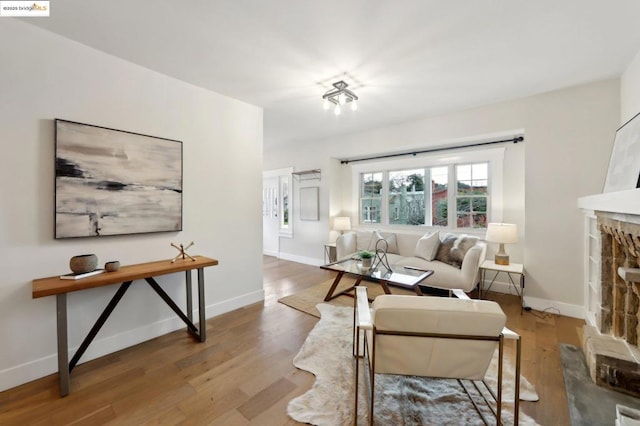 living room featuring a fireplace and wood-type flooring