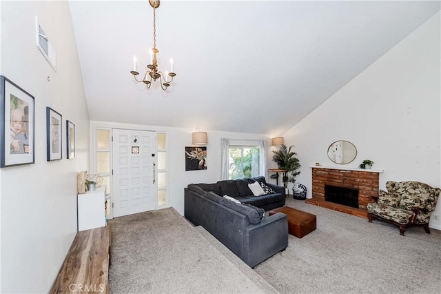 carpeted living room featuring a fireplace, high vaulted ceiling, and a chandelier