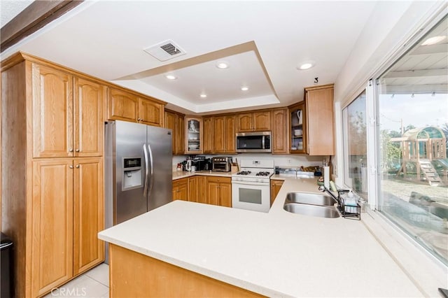 kitchen with sink, appliances with stainless steel finishes, a tray ceiling, light tile patterned flooring, and kitchen peninsula