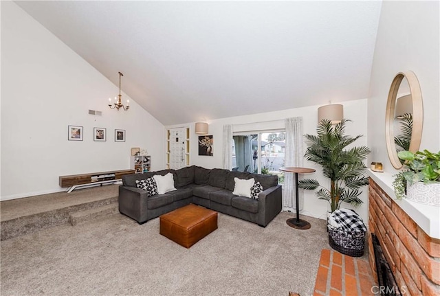 living room with a notable chandelier, high vaulted ceiling, and carpet